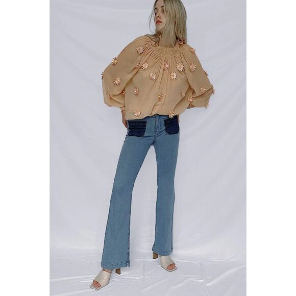 FRENCH CONNECTION Aziza Lace Long Sleeve Top Clay Nude Floral Applique {Q50} - Picture 6 of 7